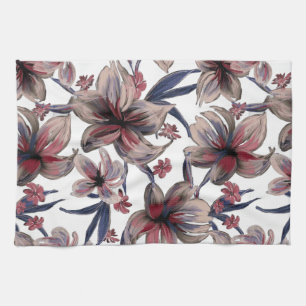 Watercolors Crimson Floral on White Tea Towel