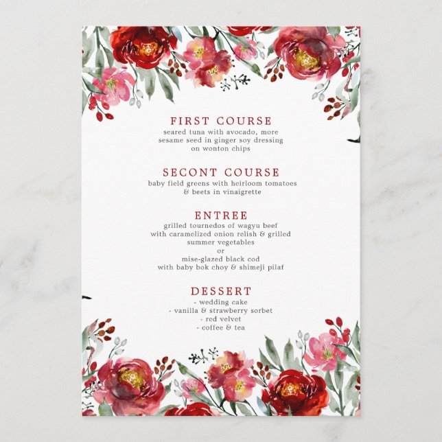Watercolors Deep-red Garden Flowers Menu (Front)