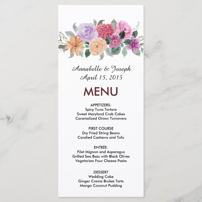 watercolors Florals Modern Botanical Wedding Menu (Front)