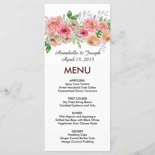 watercolors Florals Modern Botanical Wedding Menu (Front)