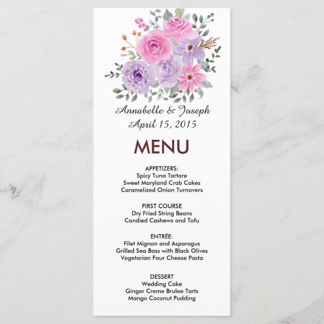watercolors Florals Modern Botanical Wedding Menu (Front)