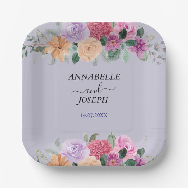 watercolors Florals Modern Botanical Wedding Paper Plate (Front)