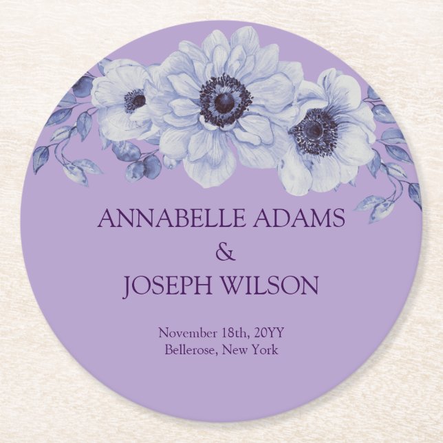 watercolors Florals Modern Botanical Wedding Round Paper Coaster (Front)