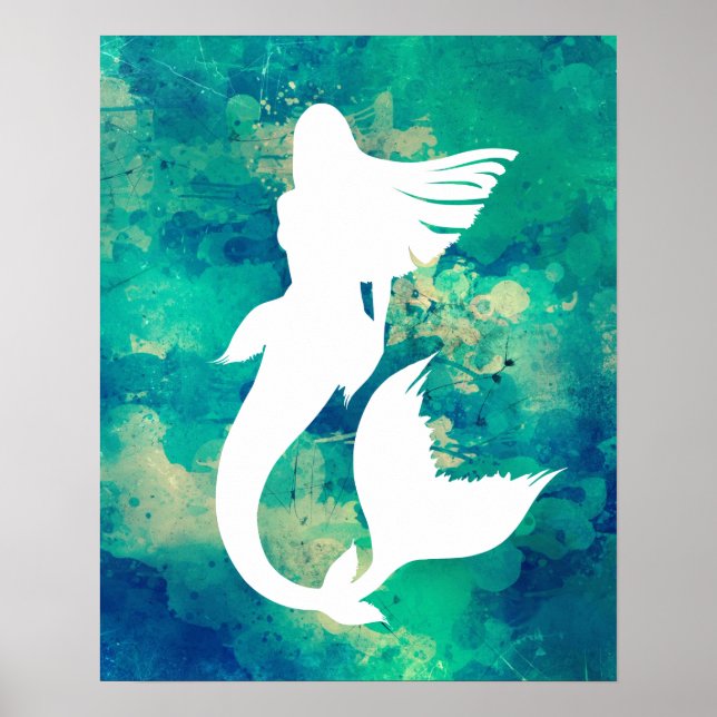 Watercolors Ocean Hues Mermaid Silhouette Poster (Front)