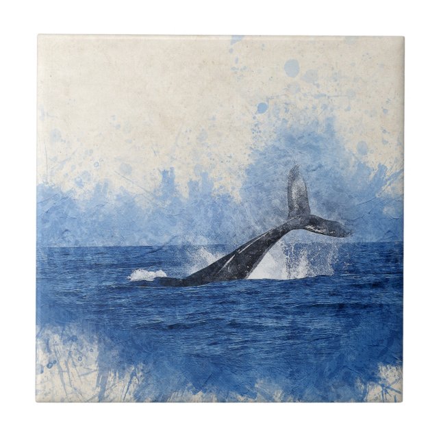 watercolors, ocean whale blue tile (Front)