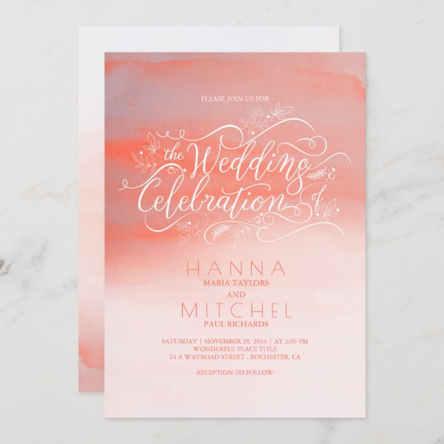 Watercolors Pink Modern Typography Wedding Invites (Front/Back)