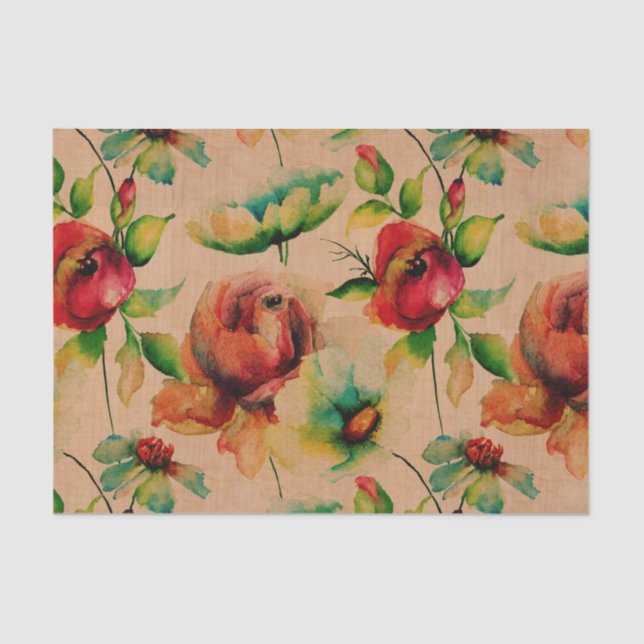 Watercolors Red Roses On Wood Tissue Paper (Front)