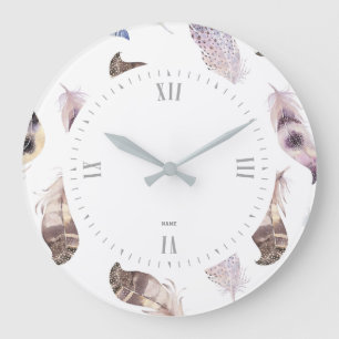 watercolors tribal feathers pattern large clock