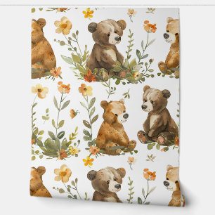 Watercolot bear and flower seamless pattern wallpaper