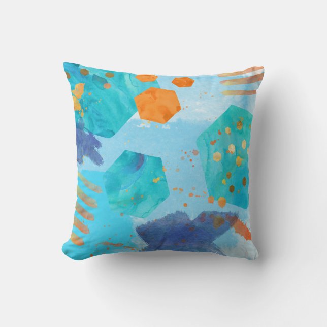 Watercolour Abstract Pillow Blue, orange, gold (Front)