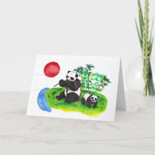 Watercolour art Chinese Panda mother and her cub Card