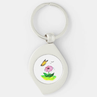 watercolour art Spring flower and flying butterfly Key Ring