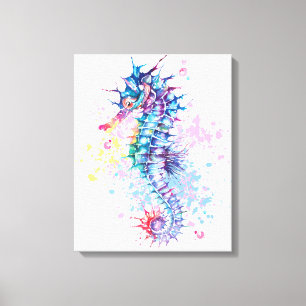 Watercolour artwork of colourful Seahorse Canvas Print