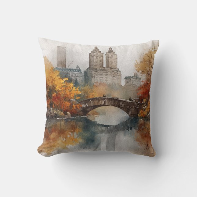 Watercolour Autumn in New York Cushion (Front)