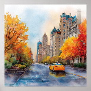 Watercolour Autumn in New York Poster