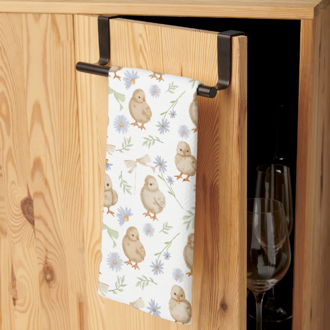 Watercolour Baby Chicks Floral Pattern Tea Towel (Thirds Fold)