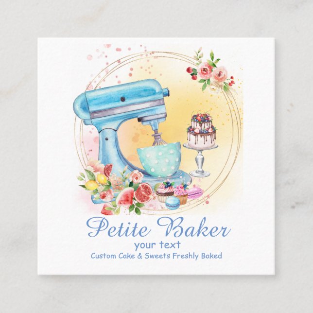 Watercolour Bakery Mixer Pastry Sweets Cakes  Square Business Card (Front)