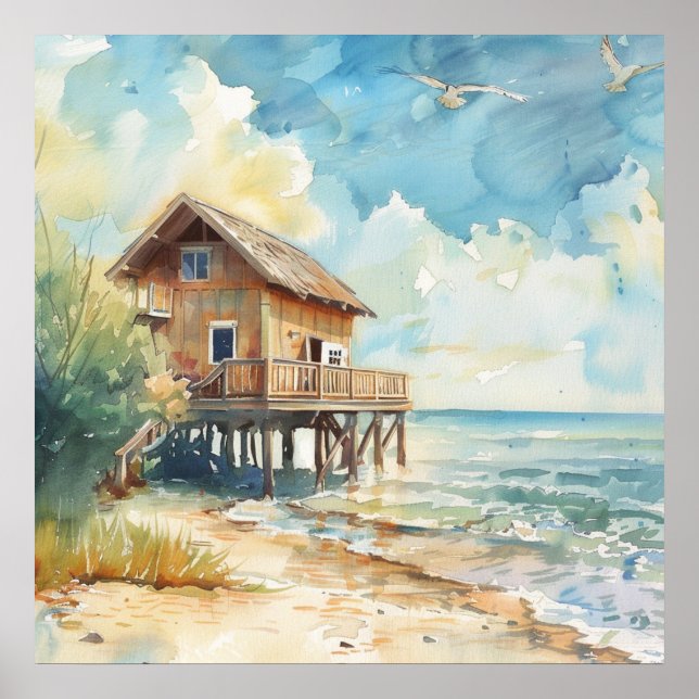 Watercolour Beach Cottage Poster (Front)