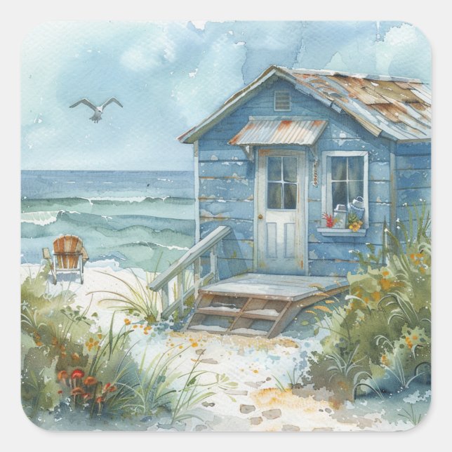 Watercolour Beach Cottage Square Sticker (Front)