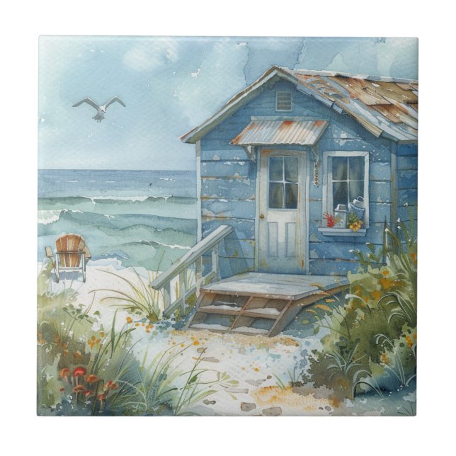 Watercolour Beach Cottage Tile (Front)