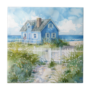 Watercolour Beach Cottage Tile