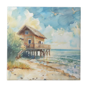 Watercolour Beach Cottage Tile