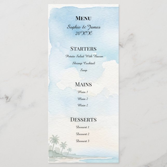 Watercolour Beach Destination Wedding Menu (Front)