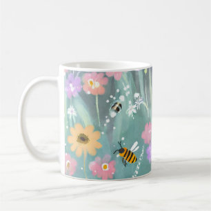Watercolour Bees Flying Over Flowers Garden Coffee Mug