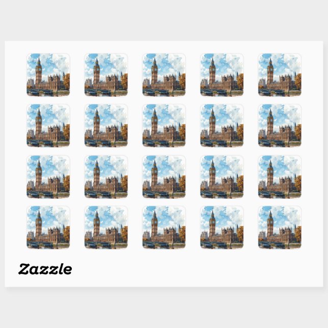 Watercolour Big Ben Westminster Palace London Square Sticker (Sheet)