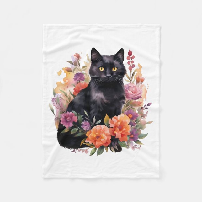 Watercolour Black Cat Fleece Blanket (Front)