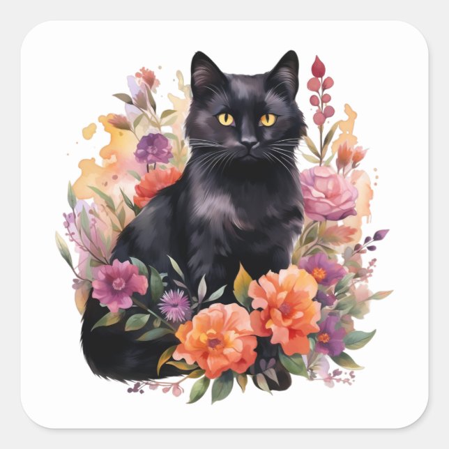 Watercolour Black Cat Square Sticker (Front)
