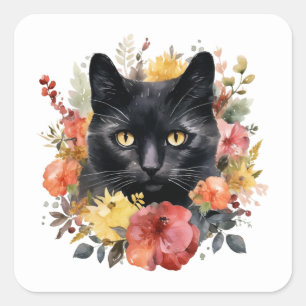 Watercolour Black Cat Square Sticker