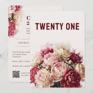 Watercolour Blooms   Peony 21st Birthday Invitation