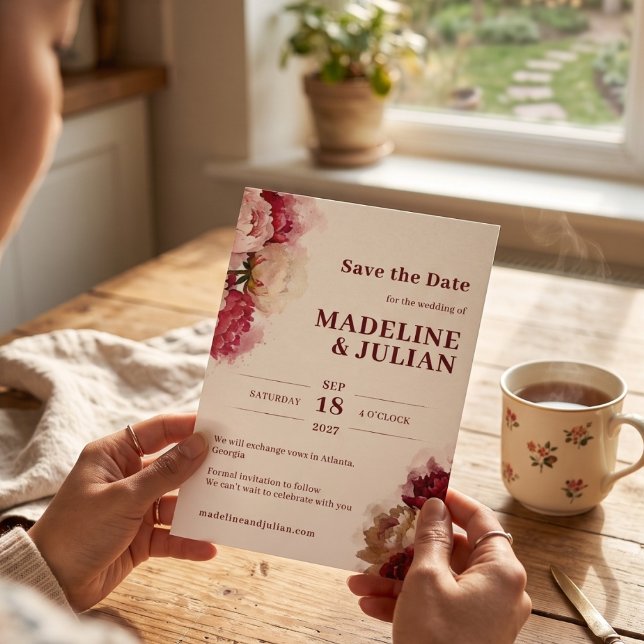 Watercolour Blooms | Romantic Peony Wedding Save The Date (Lifestyle Shot)