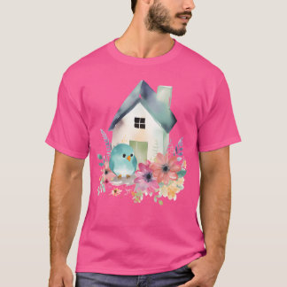 Watercolour Blue Bird in a Wild Flower Garden frie T-Shirt