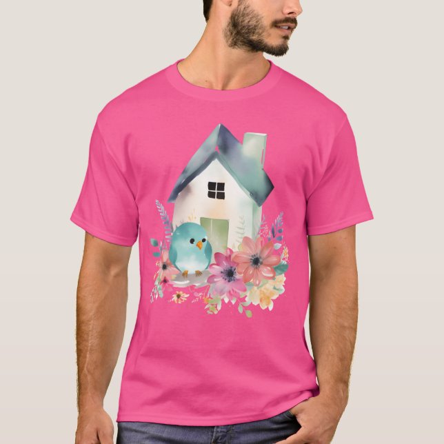 Watercolour Blue Bird in a Wild Flower Garden frie T-Shirt (Front)