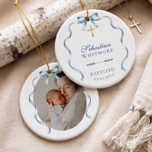 Watercolour Blue Bow Cross Baptism Photo Keepsake Ceramic Tree Decoration