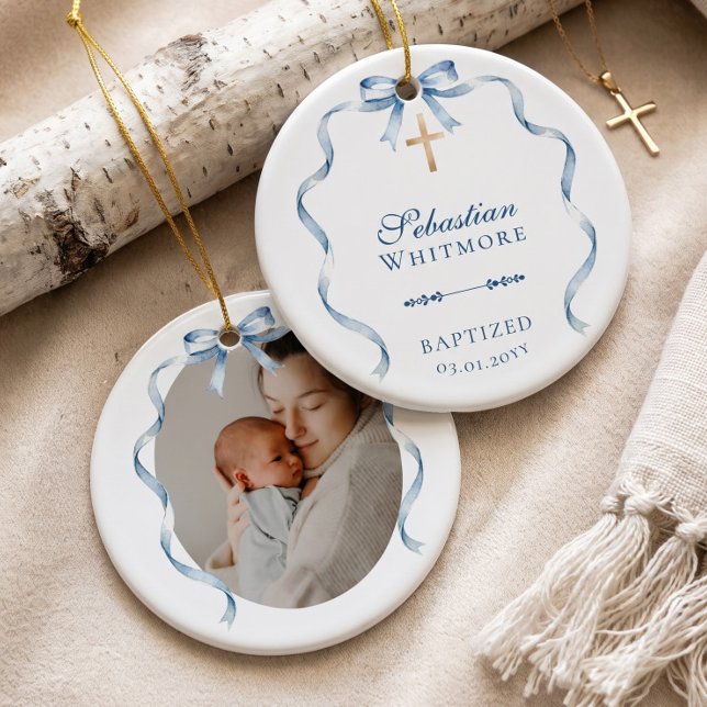 Watercolour Blue Bow Cross Baptism Photo Keepsake Ceramic Tree Decoration (Watercolour Blue Bow Cross Baptism Photo Keepsake Ceramic Ornament)