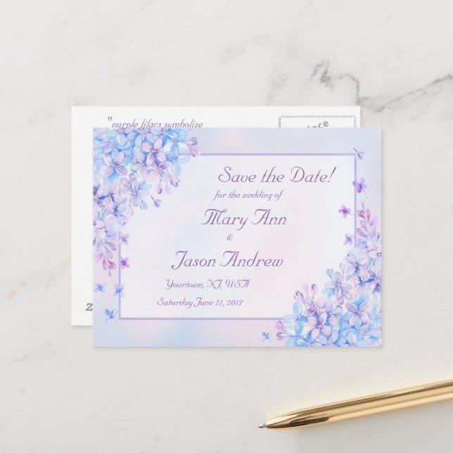 Watercolour Blue Purple Lilac Flower Save the Date Announcement Postcard (Front/Back In Situ)