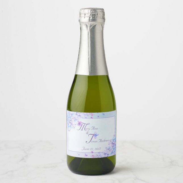 Watercolour Blue Purple Lilac Flower Sparkling Wine Label (Front)