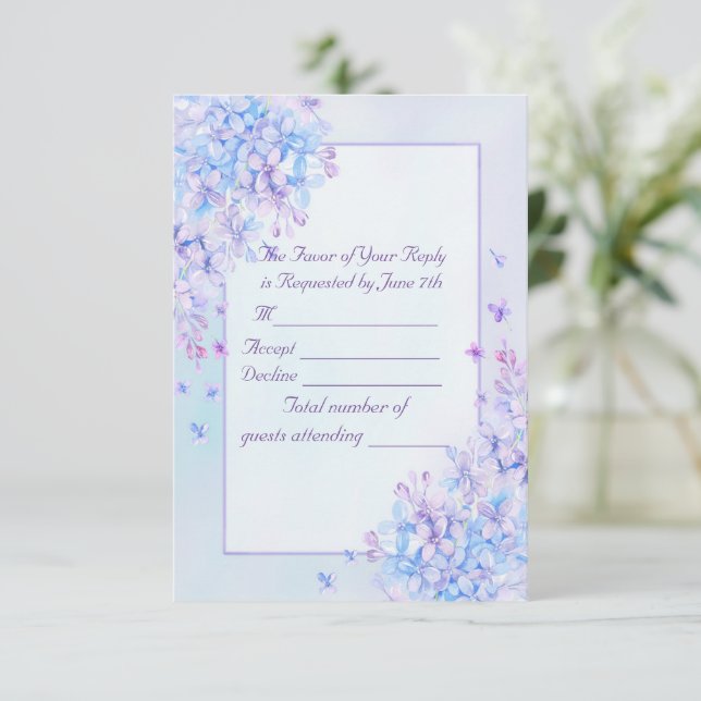 Watercolour Blue Purple Lilac Flower Wedding RSVP (Standing Front)