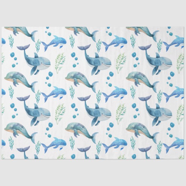 Watercolour Blue Whale Seamless Pattern  Tissue Paper (Front)