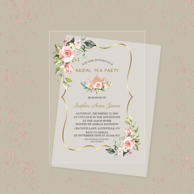 Watercolour Blush Floral Gold Bridal Tea Party Acrylic Invitations (Creator Uploaded)