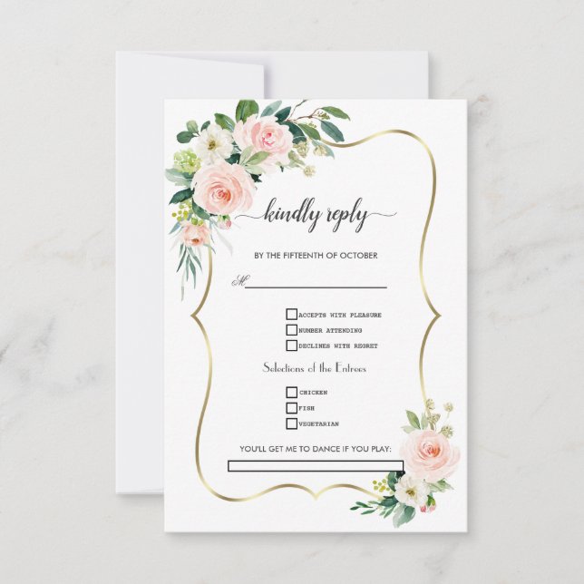 Watercolour Blush Ivory Flowers Gold Wedding RSVP Card (Front)