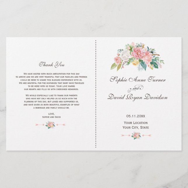 Watercolour Blush White Peonies Wedding Program (Front)