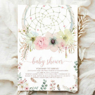 watercolour Boho flower Dreamcatcher Baby Shower Invitation