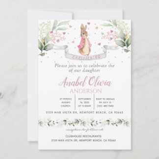 Watercolour Bunny  Baby Girl Baptism Invitation