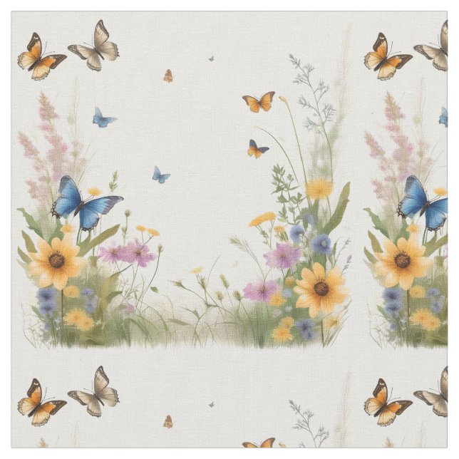 Watercolour Butterflies And Wildflowers, Fabric (Close Up)