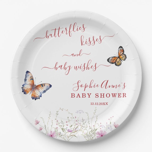 Watercolour Butterfly Wildflowers Baby Shower  Paper Plate (Front)