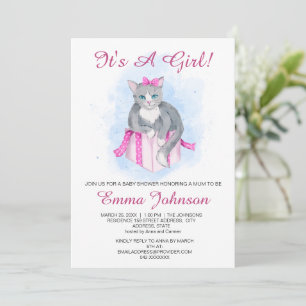 Watercolour Cat On A Gift Box Baby Girl  Shower Invitation